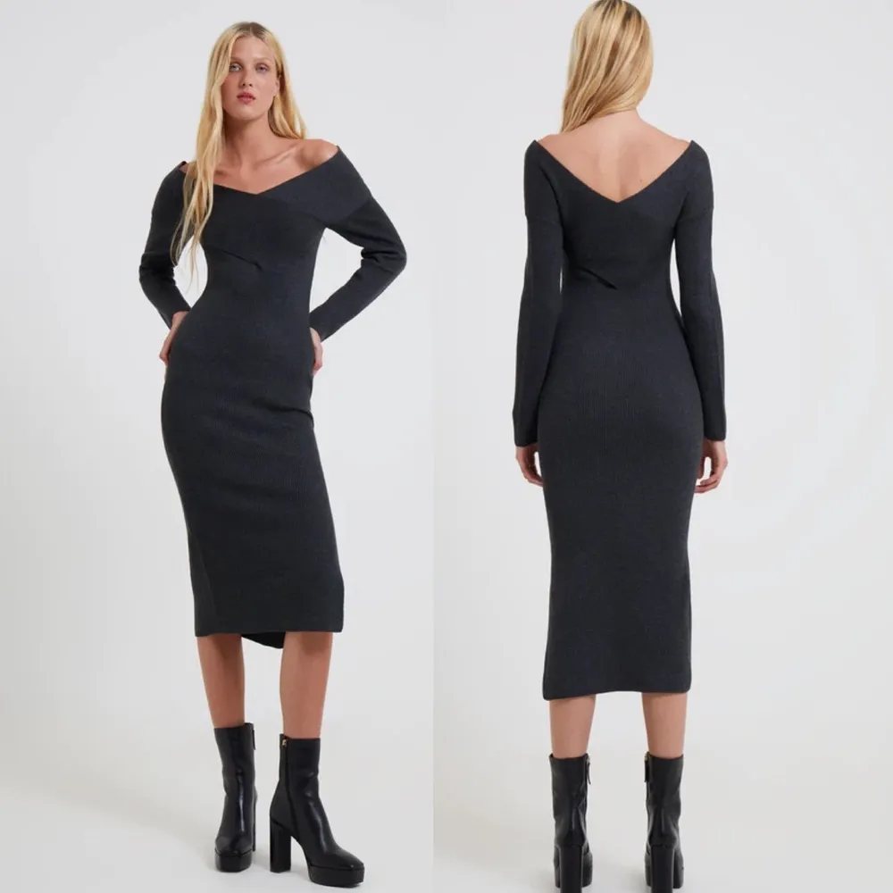 NWT FRENCH CONNECTION Lydia Knit Bardot Dress Wool Blend In Charcoal - Image 3