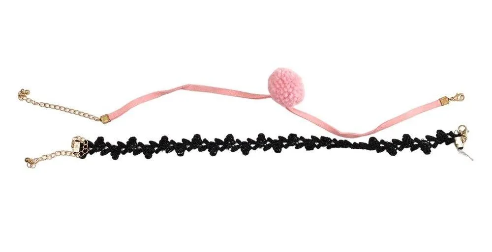 Forever 21 Pink Pom Pom Choker with Black Lace Choker Necklace Set - Image 2
