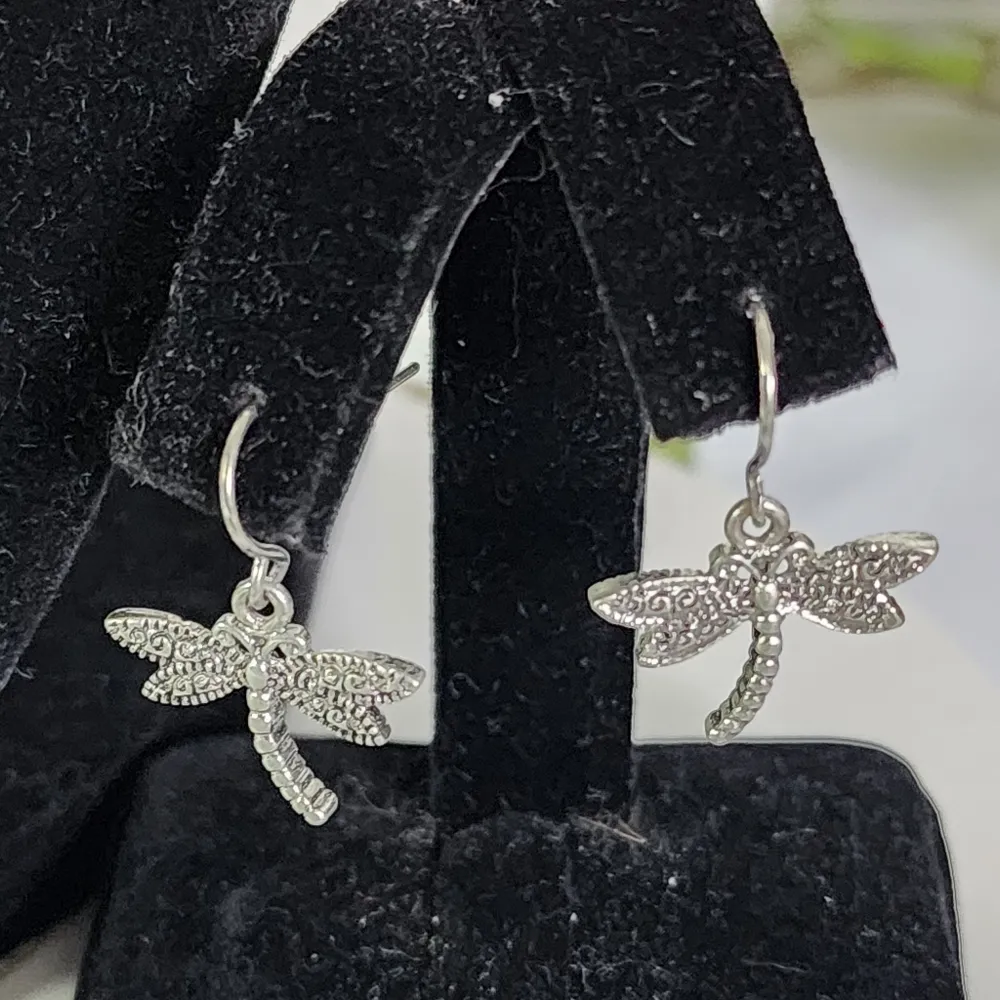 Silver Dragonfly Pendant Black Leather Cord Necklace Earrings Set New Gold - Image 7