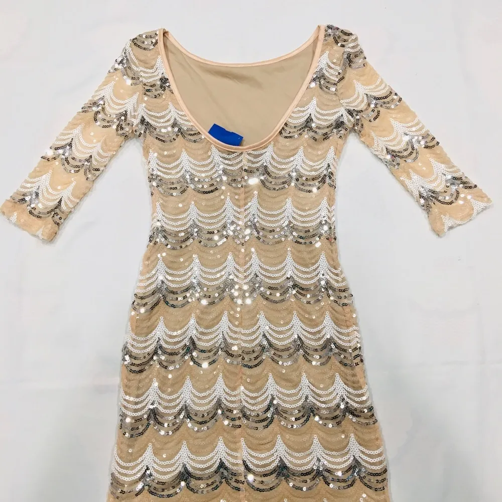 NWT Beige Black Silver Sequin Scallop Dress 3/4 Sleeves Crystal Doll Prom Bride - Image 7