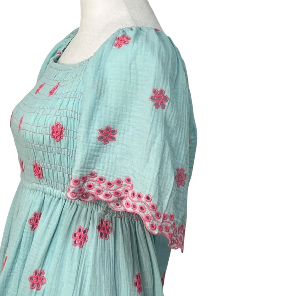Easel Embroidered Smocked Tie Back Cotton Blue Ruffle Dress Small A Line Boho - Image 12