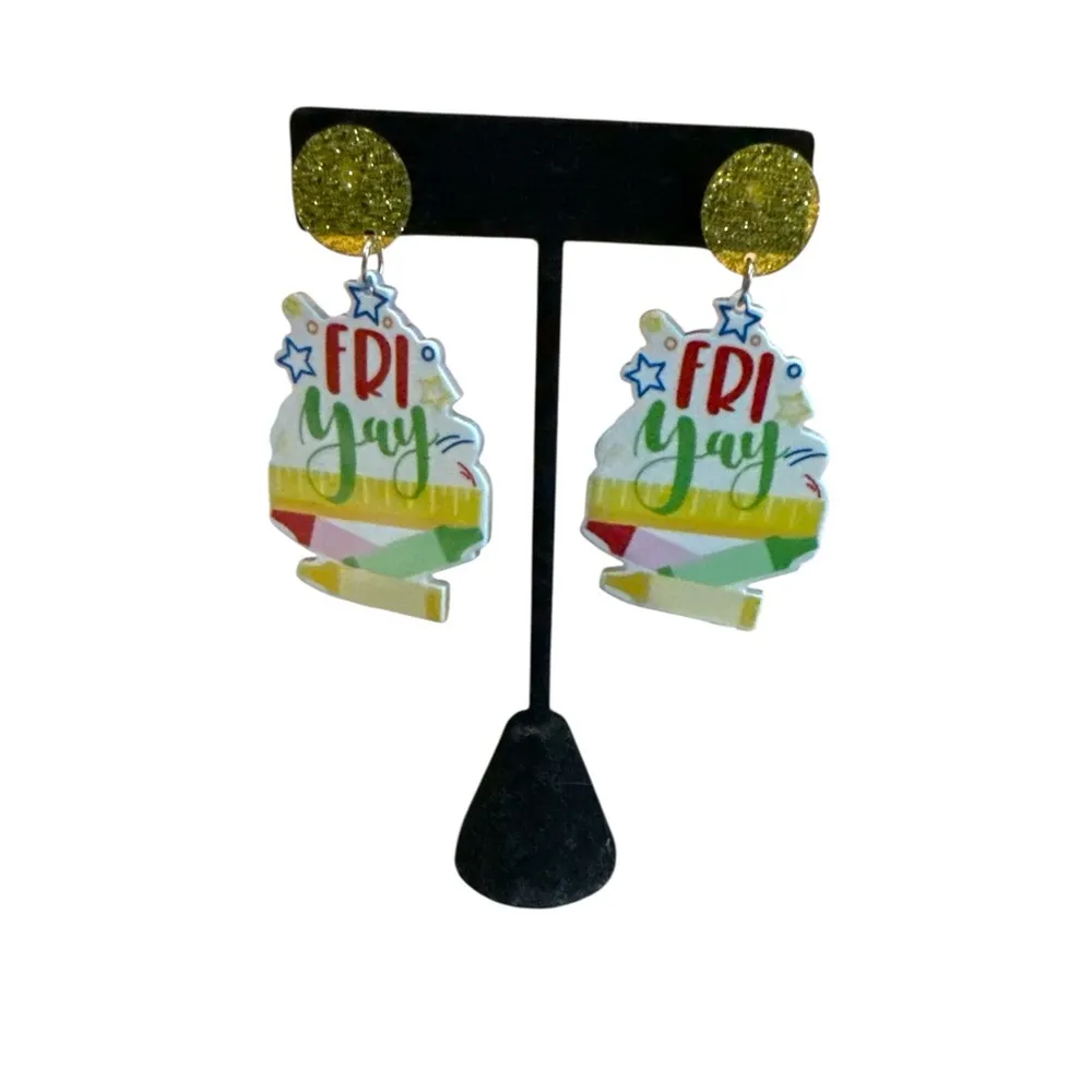 3/$20 Colorful Fri Yay Earrings with Glitter - Image 3