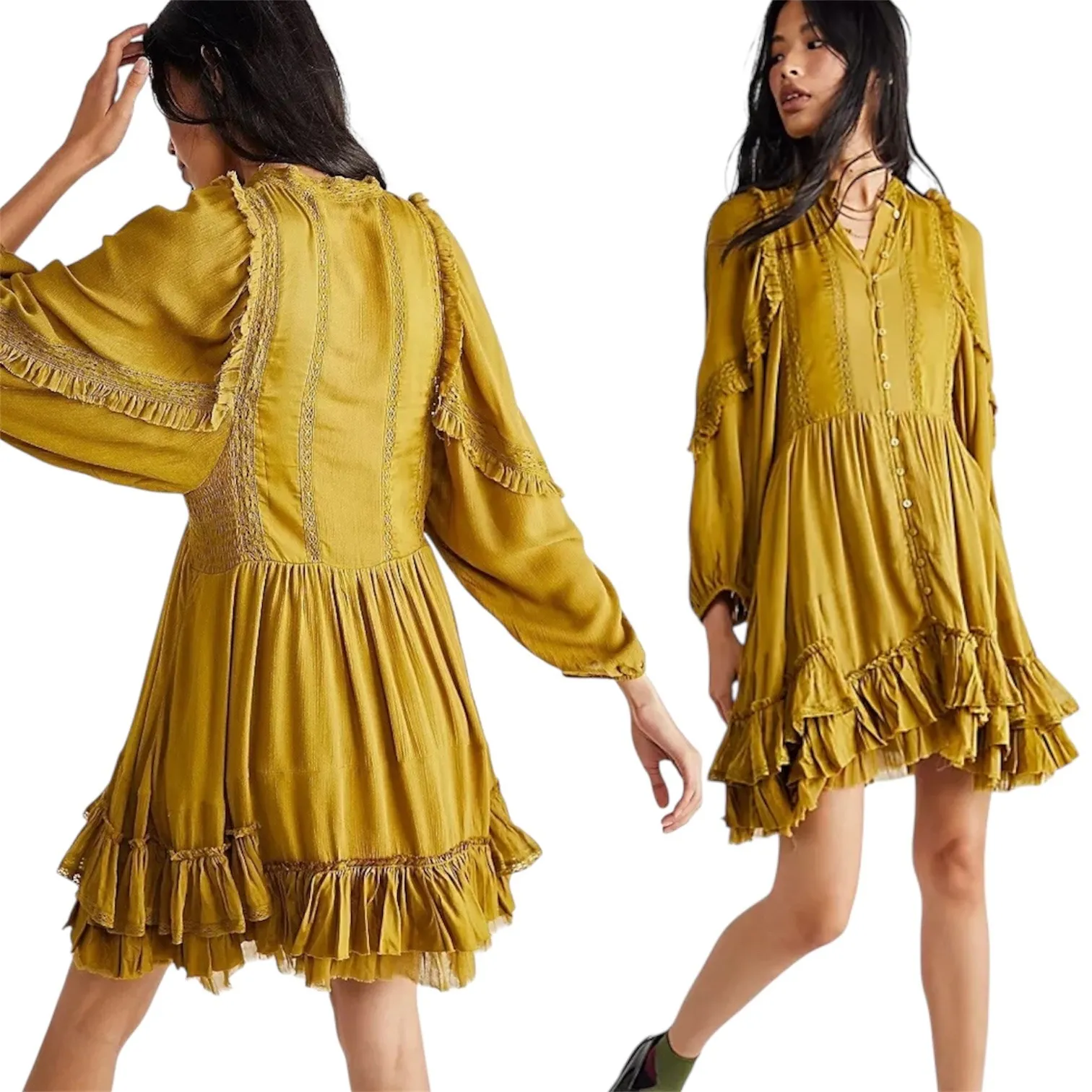 Free People One Mustard Yellow Ruffle Tiered Mini Dress XS Boho Festival - Image 3