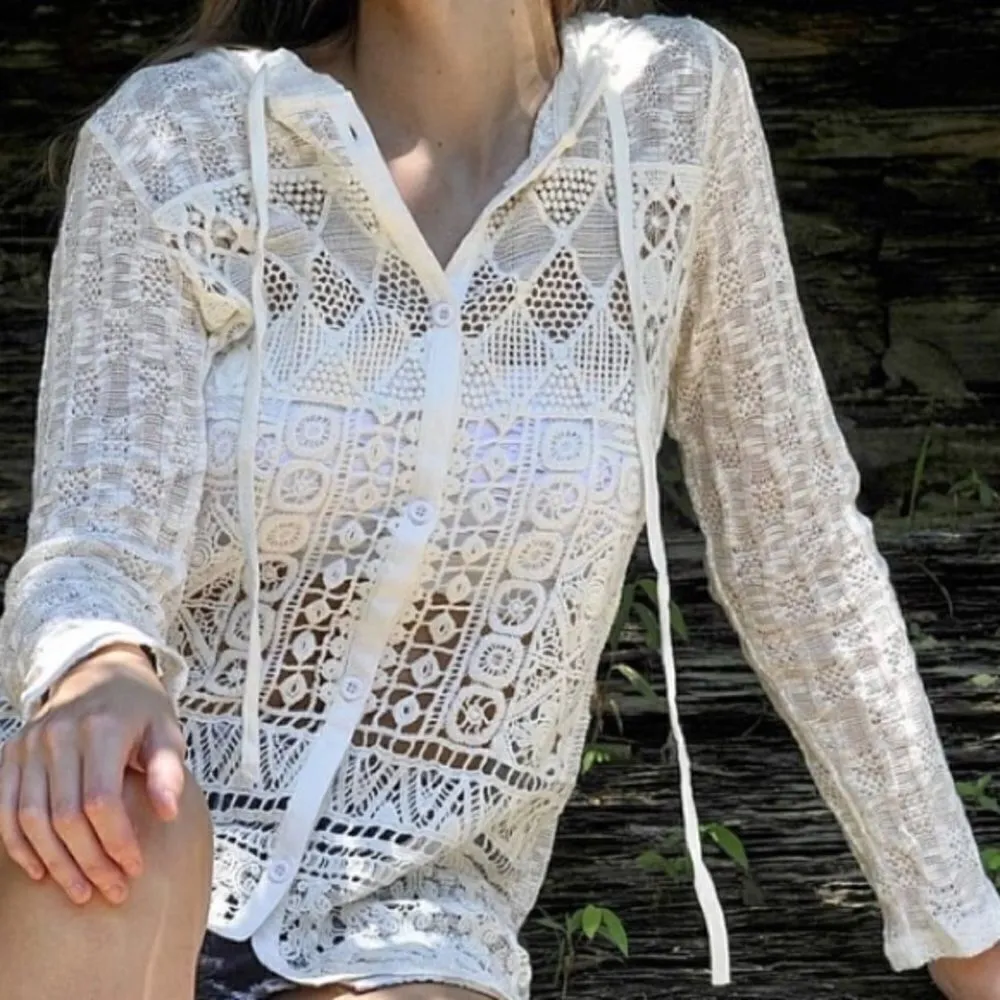 ‎Hooded Crochet Knit Top White - Image 3