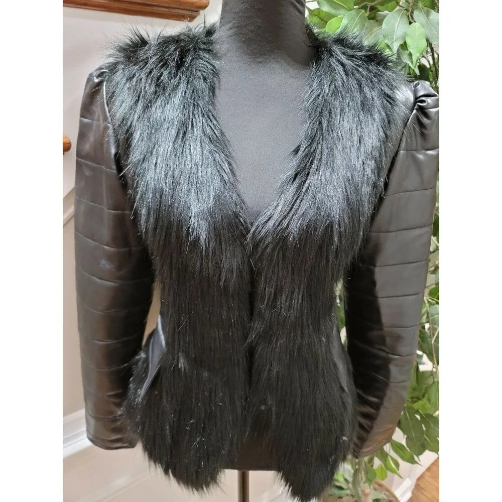 Hua Hua Meiyi Women's Black Leather Long Sleeve Faux Fur Casual Jacket Size S - Image 3