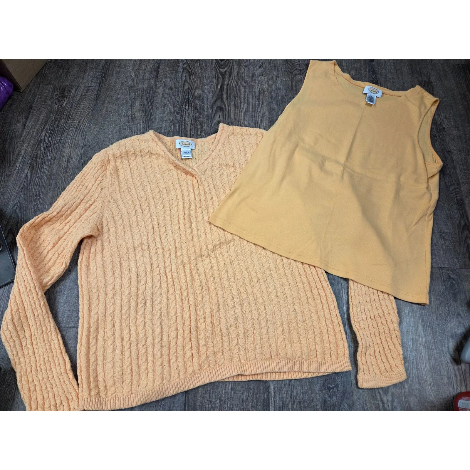 Talbots Orange Sherbet V Neck Cable Knit Pullover Sweater Tank Set Large - Image 2