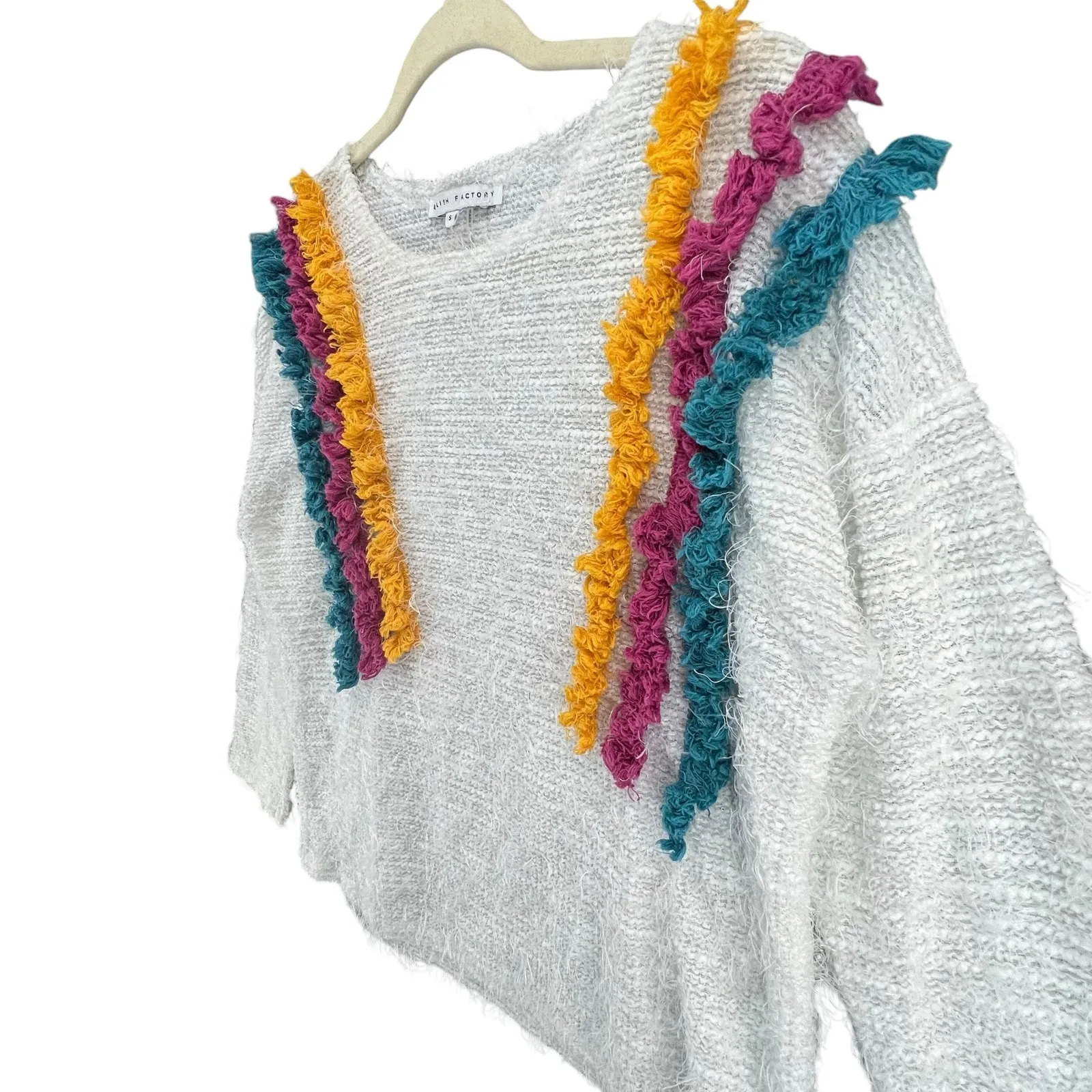 English Factory Sweater Womens S White Rainbow Eyelash Fringe Pullover Modern - Image 2