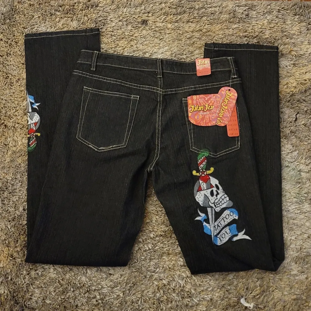 NWT! Jafari Vintage Black Skull Embroidered Tattoo You Bootcut Jeans 13/14 Size undefined - Image 4