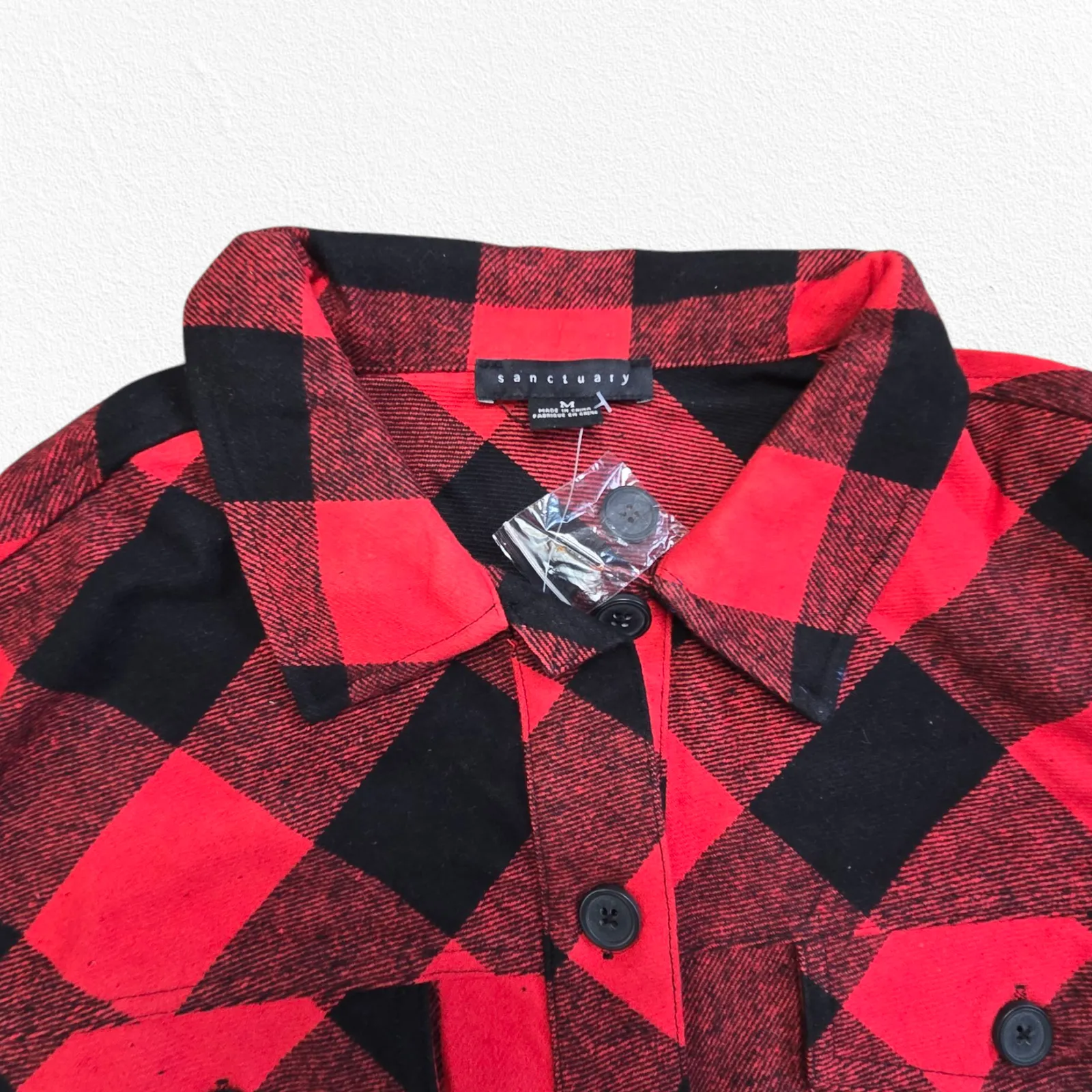 Sanctuary Red Black Buffalo Plaid Button Up Flannel Shirt Shacket Size Medium - Image 5