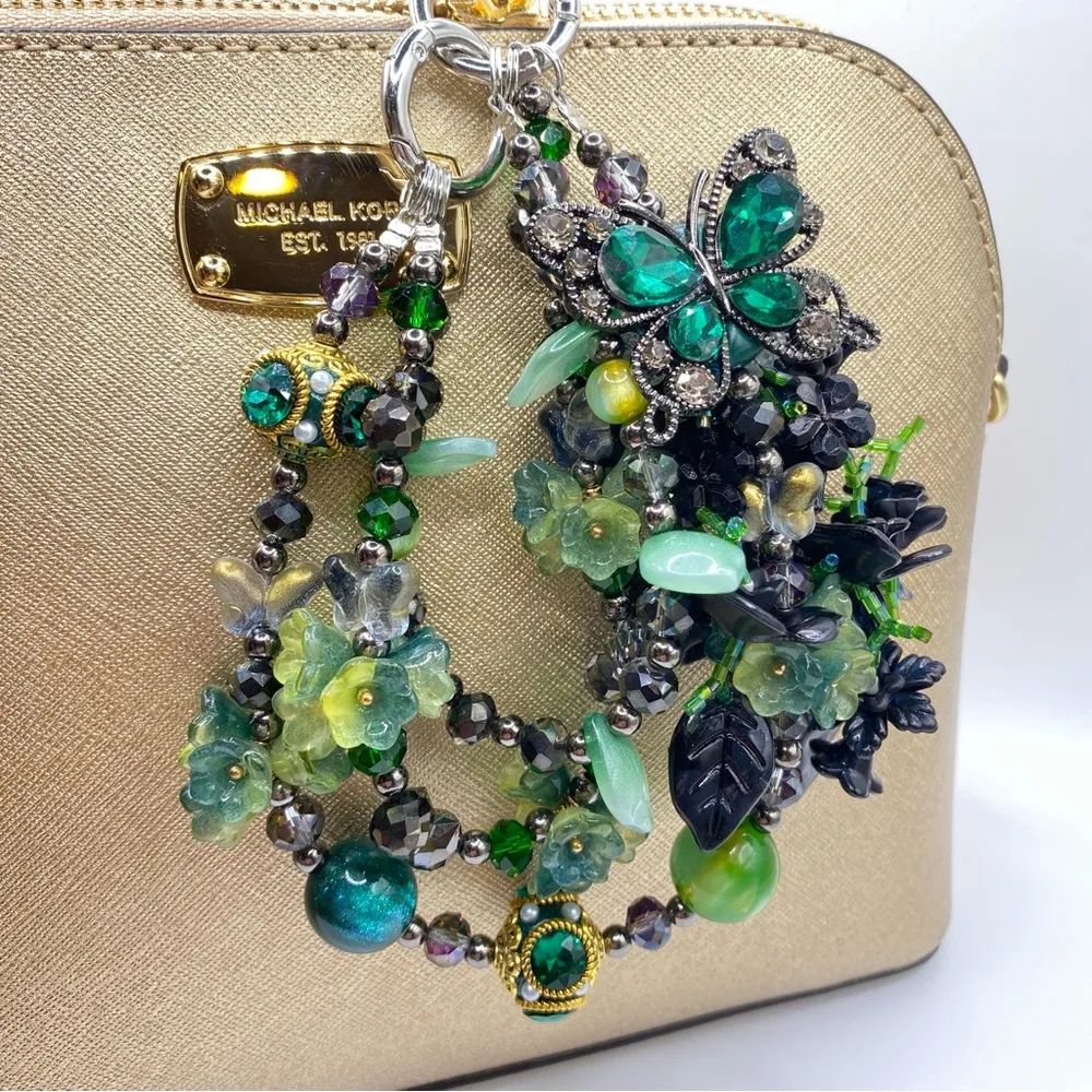 💚🖤Luxury Bag/Phone Chain Charm/Keychain Triple-Layer Flowers Fancy Crystal Beads - Image 4