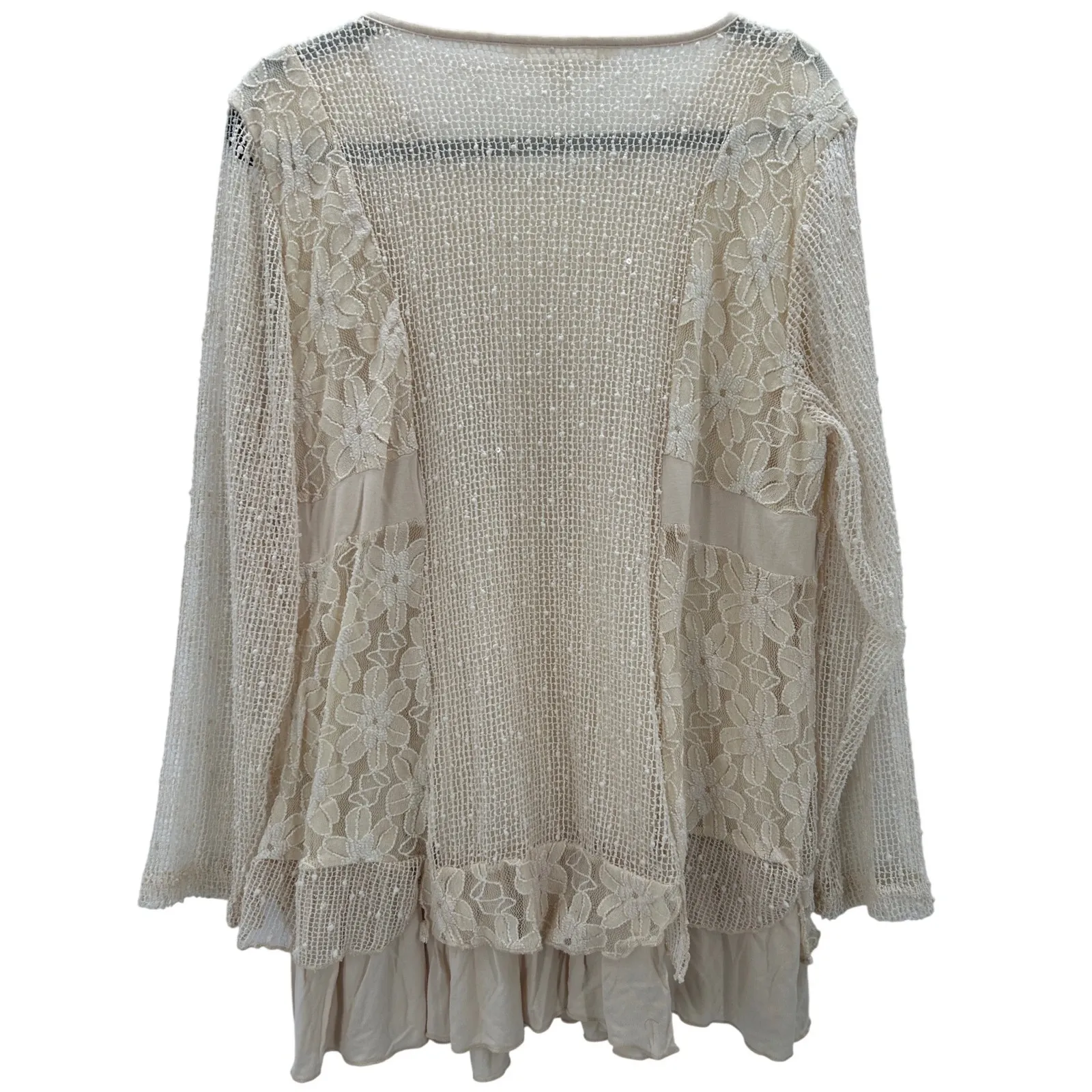 Tantrums Beige Lace Crochet Sequin Tunic Top Blouse Boho Lagenlook Women's XL Tan - Image 3