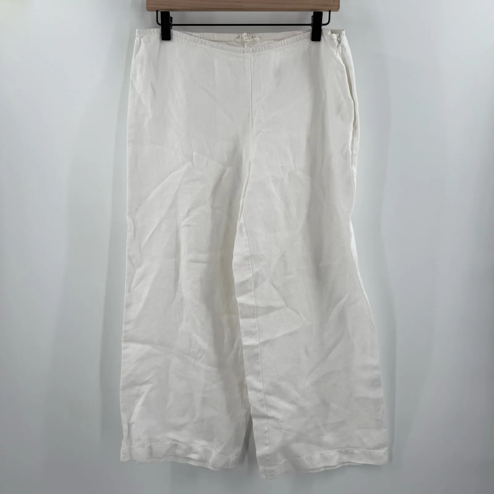 EILEEN FISHER Pants Small 100% Linen White Wide Leg Crop Side Zipper Lagenlook - Image 13