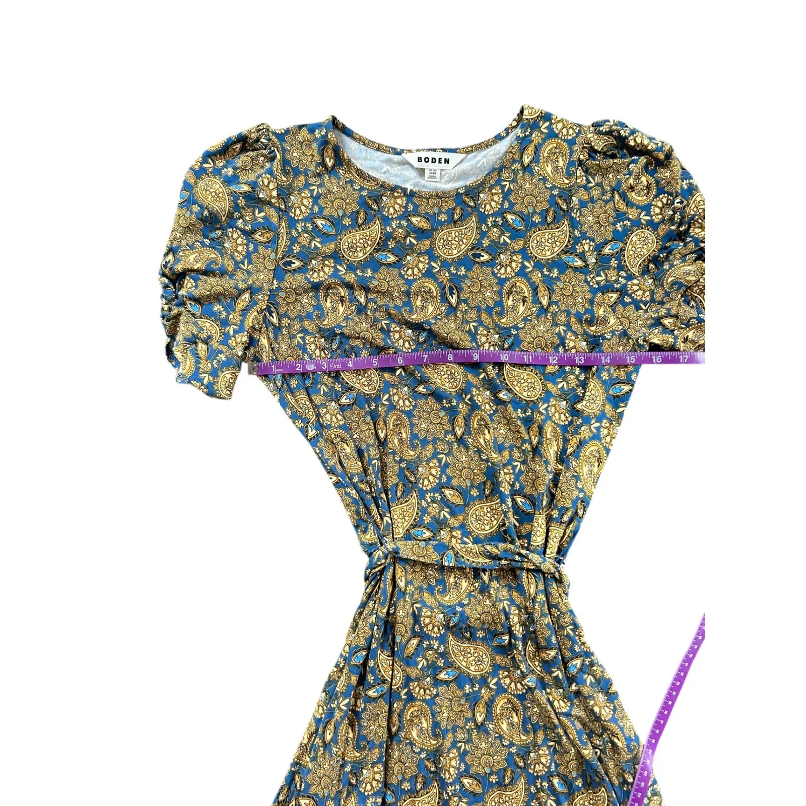 Boden Knot Detail Jersey Mini Dress Harvest Gold Paisley Terrace Women's Size 8R Blue - Image 8