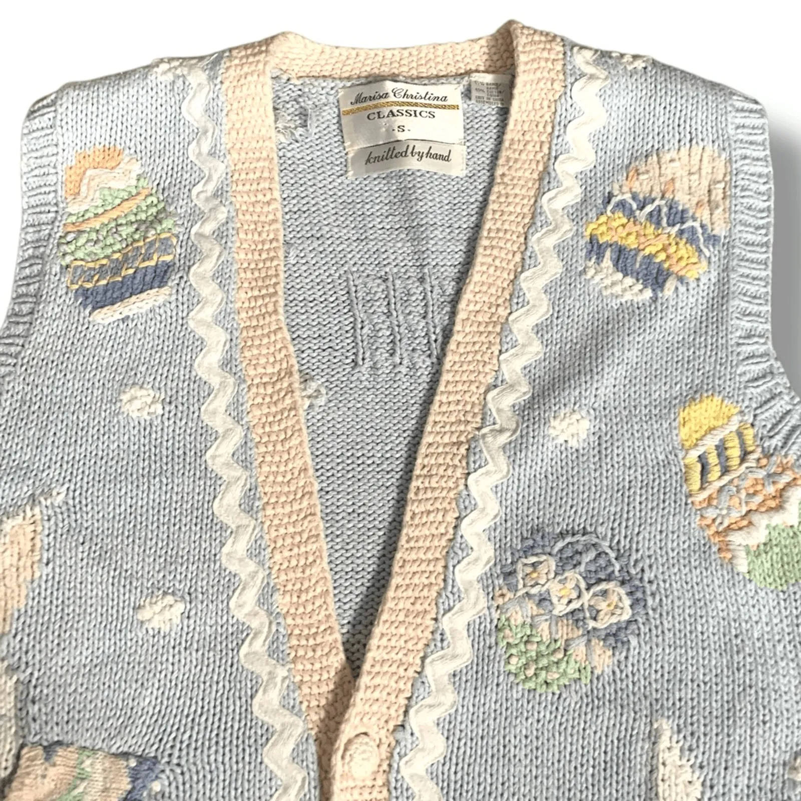 Vintage 90s Hand Knit Bunny Sweater Vest Pastel Blue Spring Size Small Whimsical - Image 3