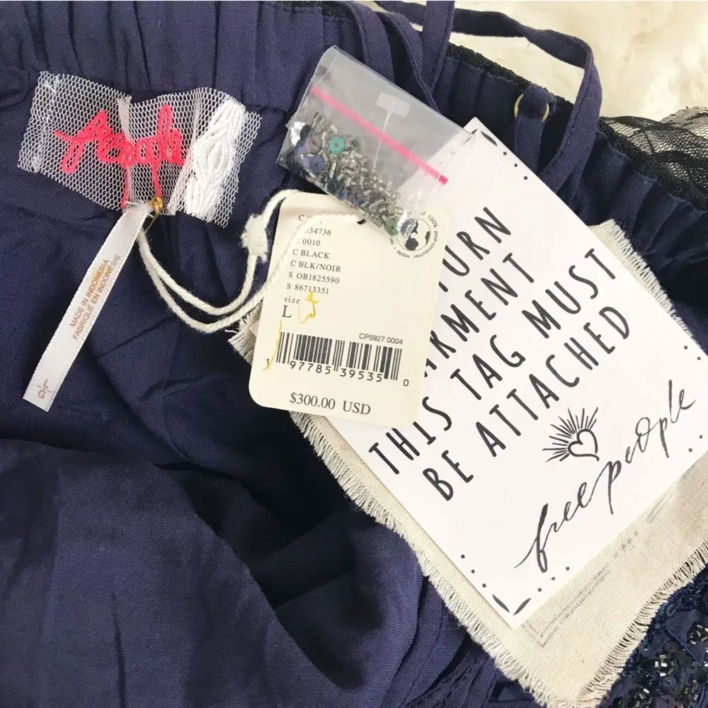 FREE PEOPLE Tulle Flutter Mini Dress Beaded Backless Navy Black Size‎ Large New - Image 7