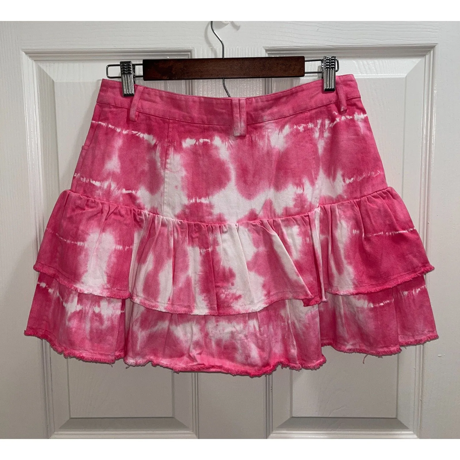 LoveShackFancy Landen Tiered Ruffled Mini Skirt Size 8 Tie Dye Pink Coquette - Image 4