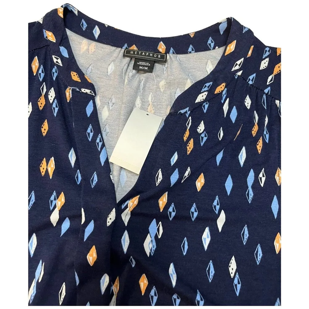 New Metaphor Geometric Diamond Sleeveless Drawstring Waist Shirt Dress Navy M - Image 10