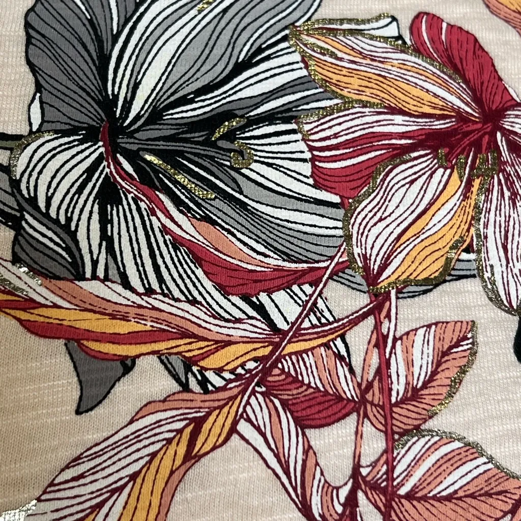 Chico's Peach Cotton Scoop Neck Metallic Tropical Floral Short Sleeve Tee - Image 7