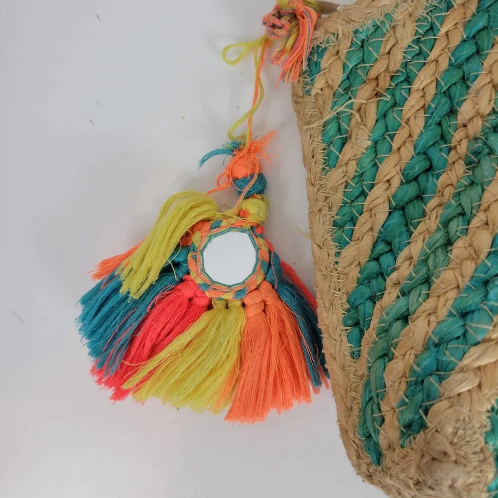 Francesca's Womens Clutch Bag Turquoise Santorini Woven Straw Colorful Tassel - Image 3