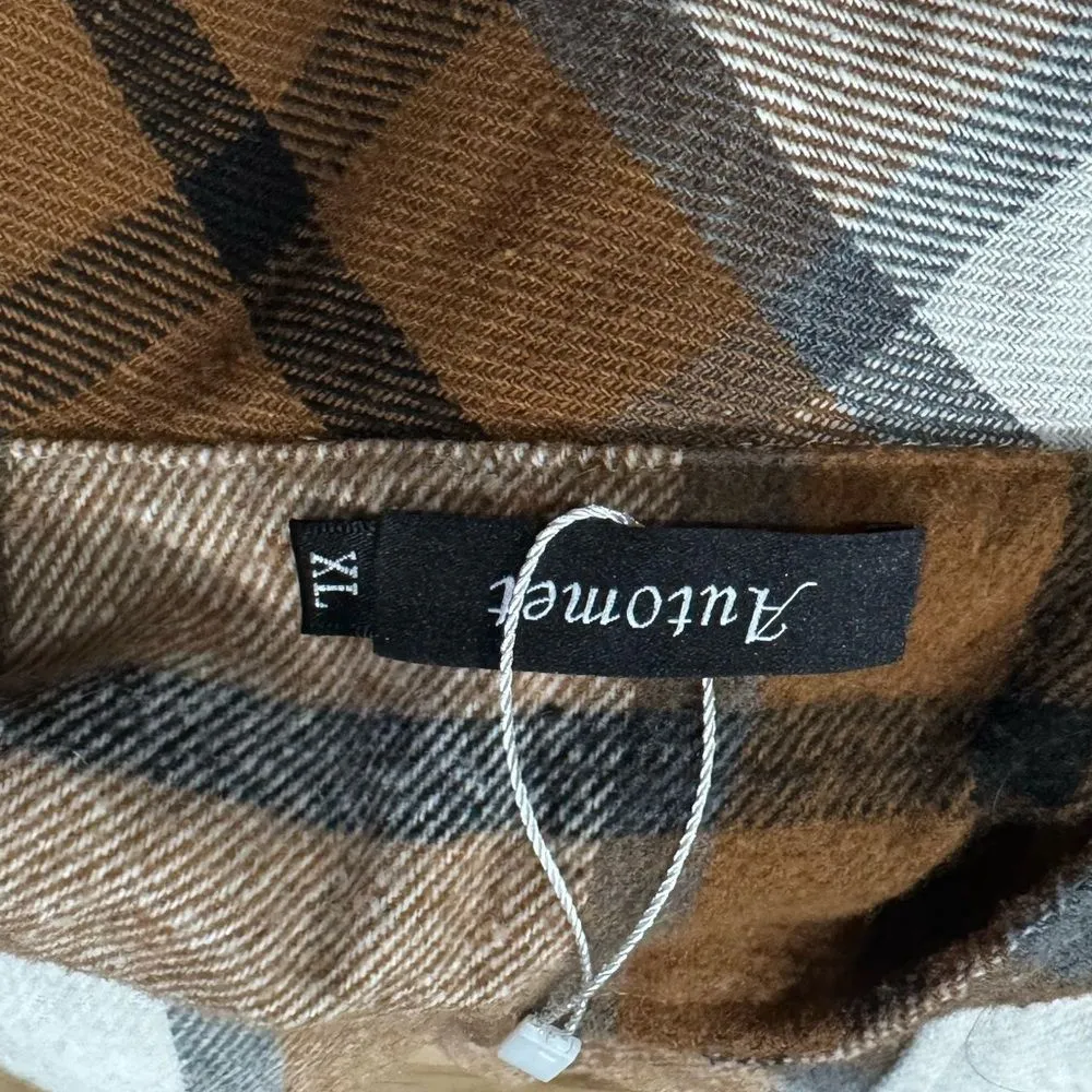 Automet Flannel Plaid Button Down Long Sleeve Jacket Shacket Women's XL Tan - Image 4