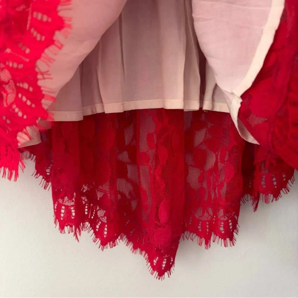 Free People Floral Lace Mesh Dress in Hot Red Attached Adjustable Slip Scalloped - Image 10