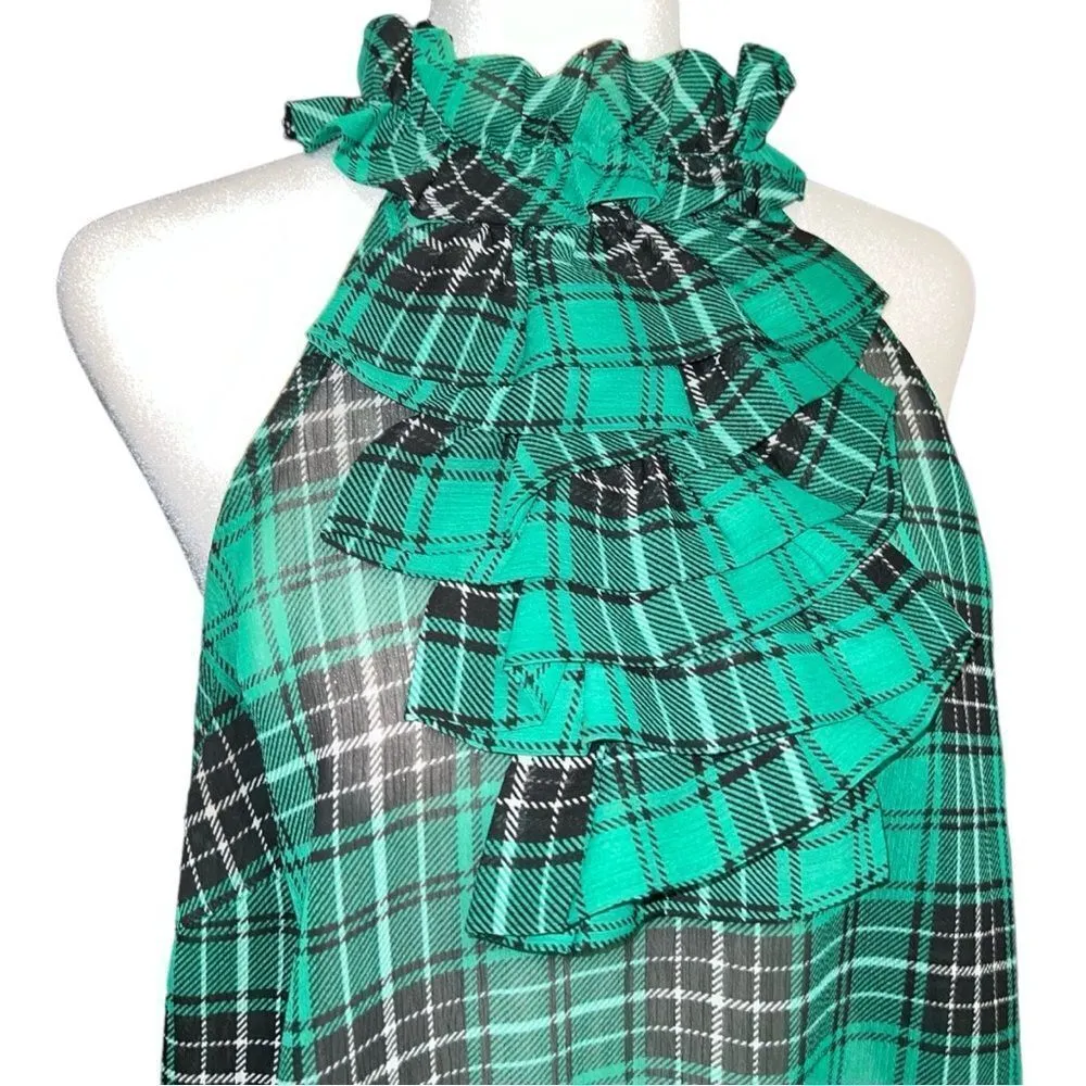 XXI cute green and black plaid high collar ruffle sleeveless top. New - Image 3