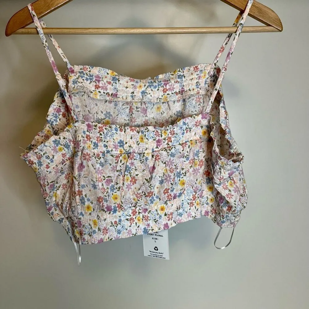 NWT Hippie Rose Printed Smocked Tank Top L Ivory Floral Square Neck - Image 2