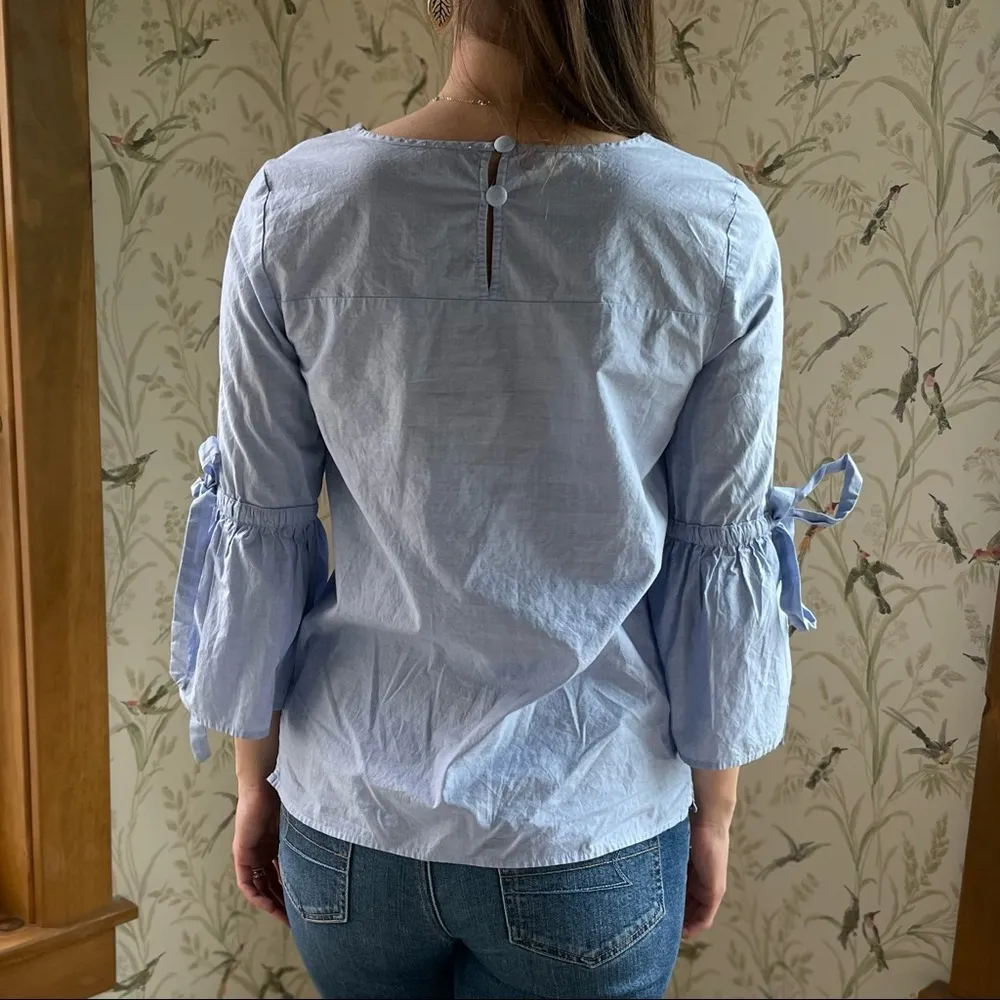 J. Crew Artist 3/4 Sleeve Bow Detail Boat Neck Cotton Blouse XS - Image 2