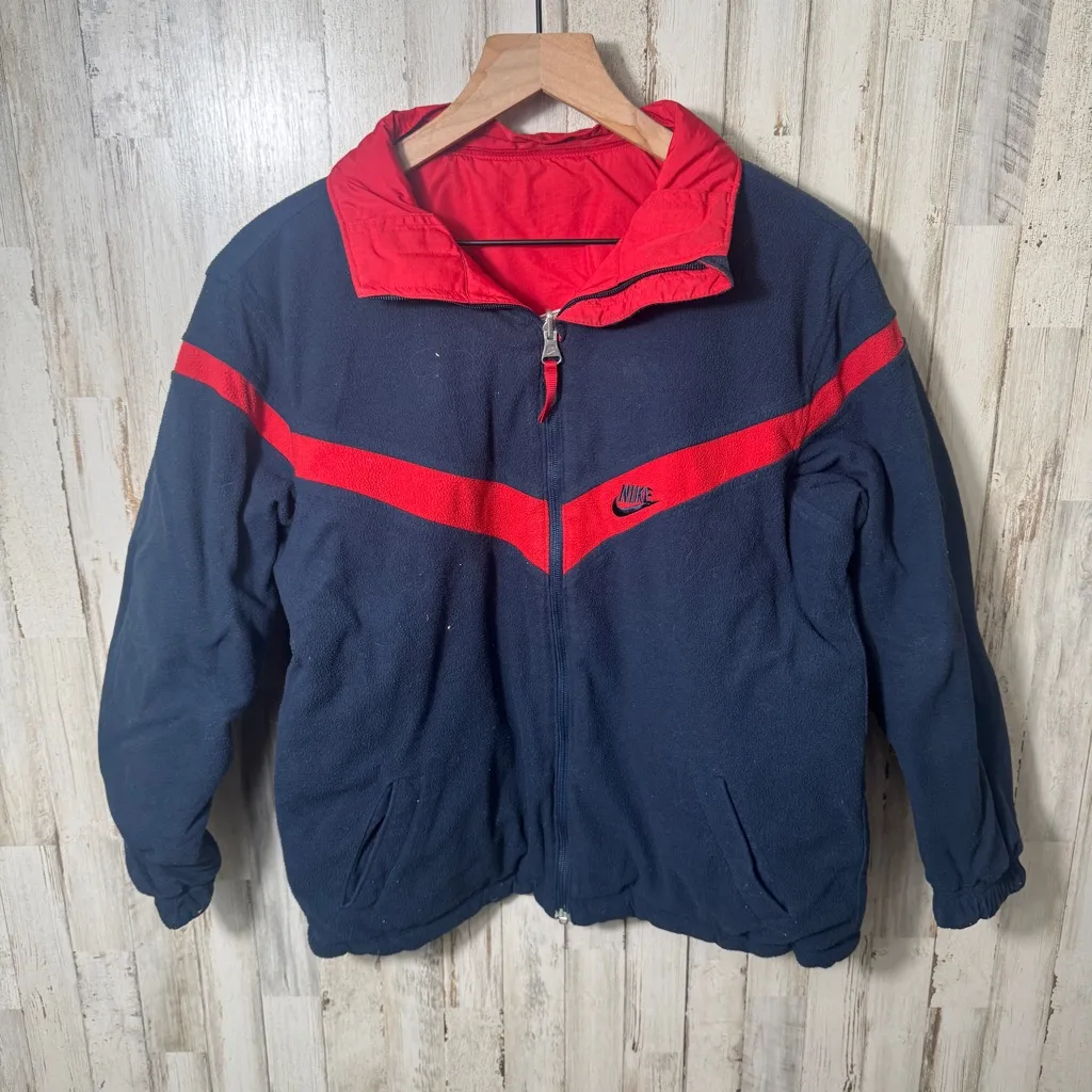 Vintage Y2K Nike Blue‎ Red Reversible Fleece Zip Bomber Jacket Womens Size Large - Image 5
