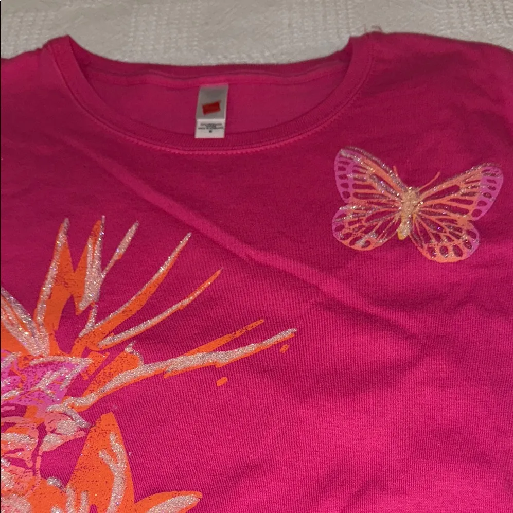 Hanes Vibrant Pink Tee with Sparkly Orange Floral and Butterfly - Image 4