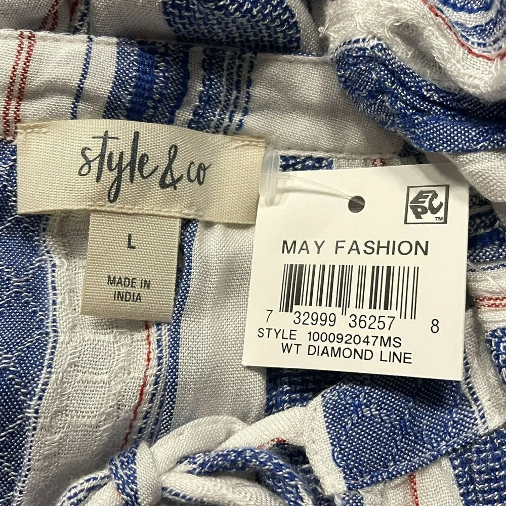 Style & Co Large Top 3/4 Puff Sleeves Tie Keyhole Neck Lightweight Striped New Blue - Image 7