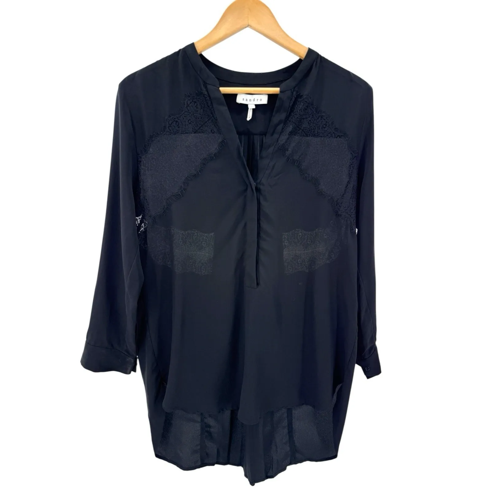 Sandro Paris Black Silk Lace Panel Blouse Small Long Sleeve Pleated Back‎ - Image 3