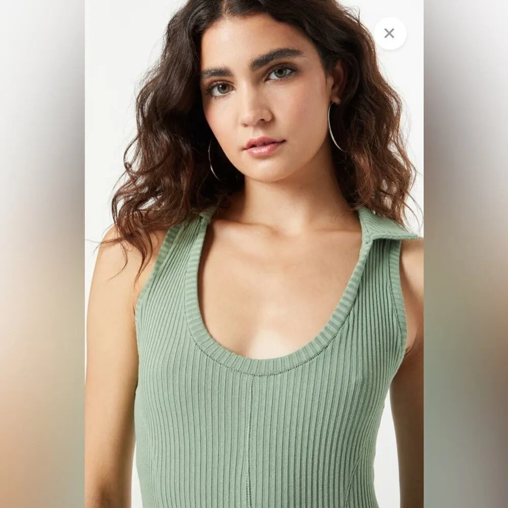 BDG Women’s Green Ribbed Bodycon Sleevless Scoop Neck Dress With Collar LG - Image 5