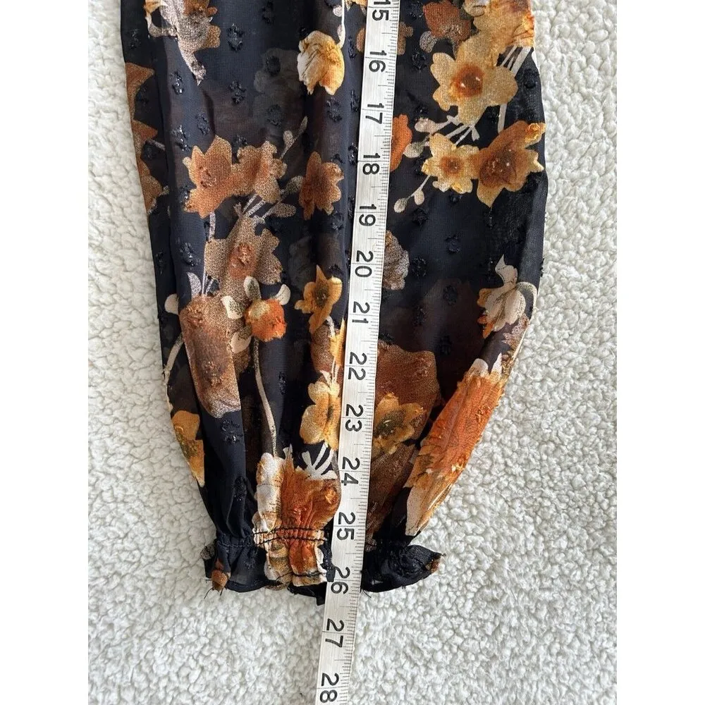 Melloday Black Muti-color Sheer Floral Print Pleated Long Sleeve Mini Dress Sz L - Image 15