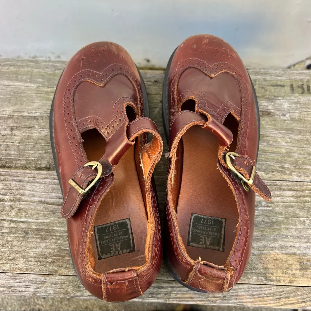 Vintage Y2K American Eagle Brown Leather Chunky Mary Jane T Strap Shoes Size 8 - Image 6