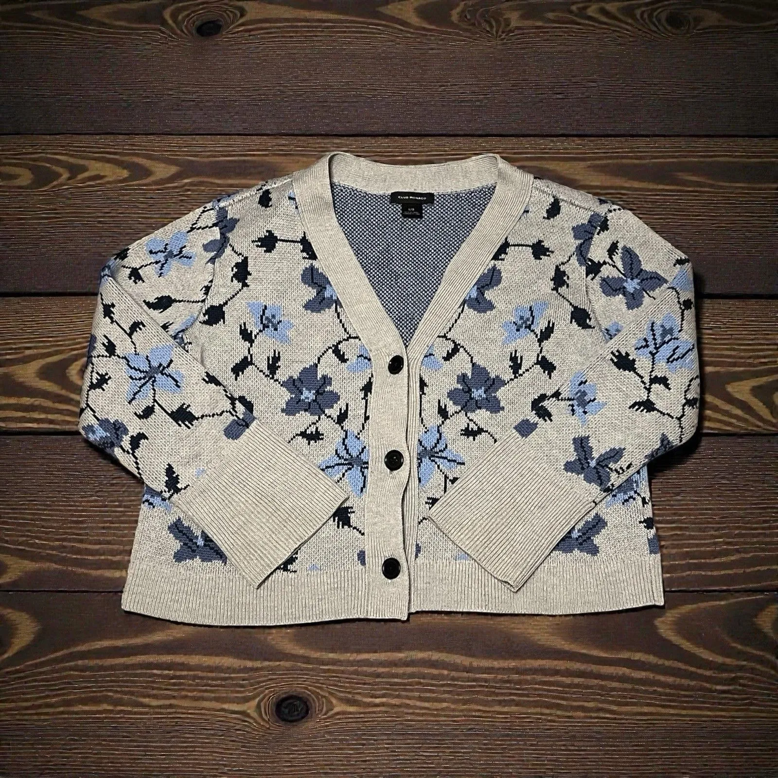 Club Monaco Floral Jacquard Cardigan Grey Blue‎ Size M - Image 6