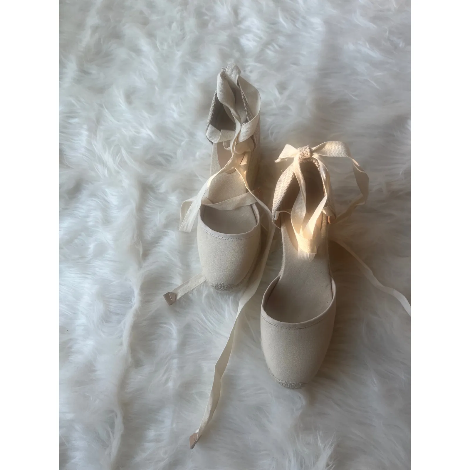 Express Espadrille Wedge ‎ woman's
sz 8 Heels Ankle Wrap Tie Ribbon Beige - Image 3