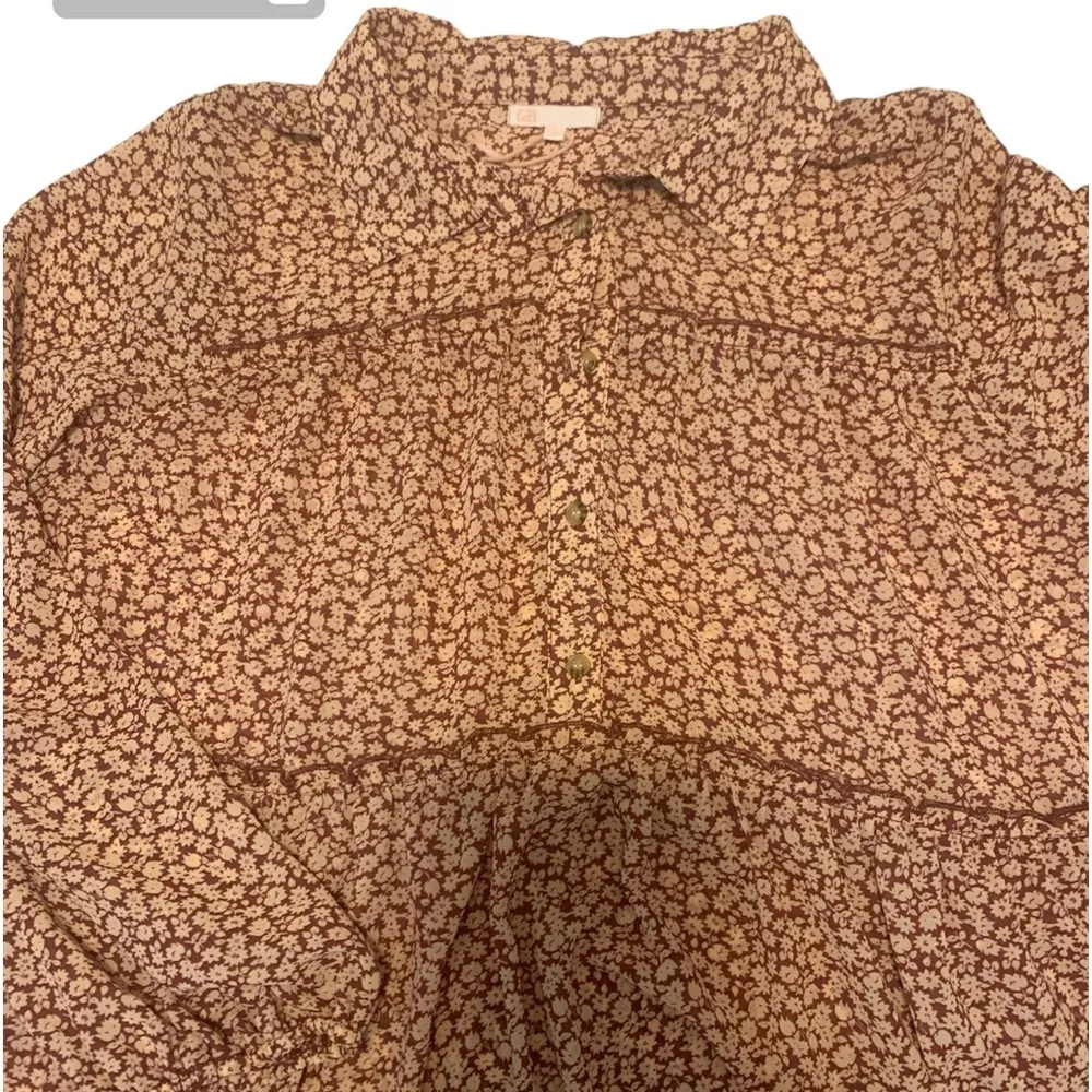 GB Boho Floral Print Tiered Dress Size XL Brown Tan - Image 6