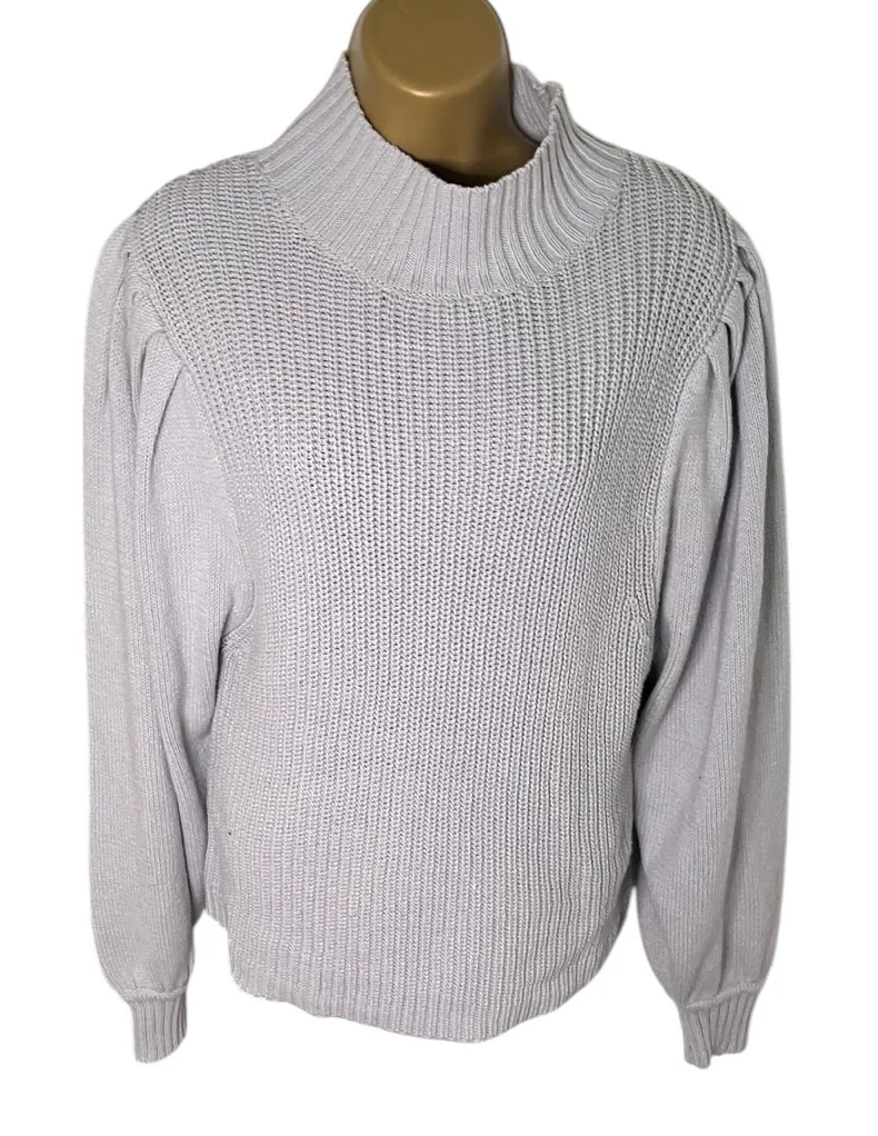 Prologue Puff Sleeve Mock Neck Sweater Ribbed Knit Dusty Lavender L - Image 1