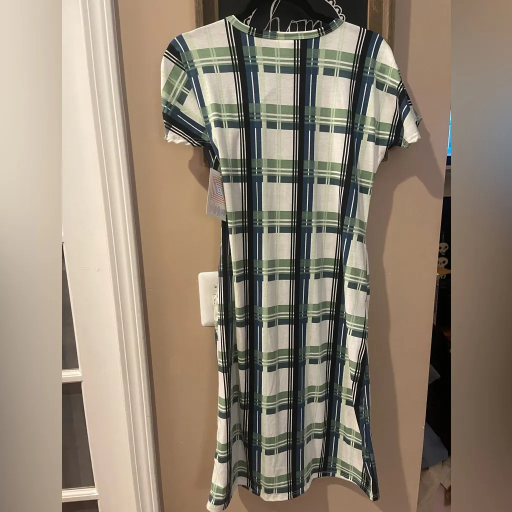 Lularoe Marly Dress & Belt XS Stretchy NWT Navy Green White Plaid - Image 5