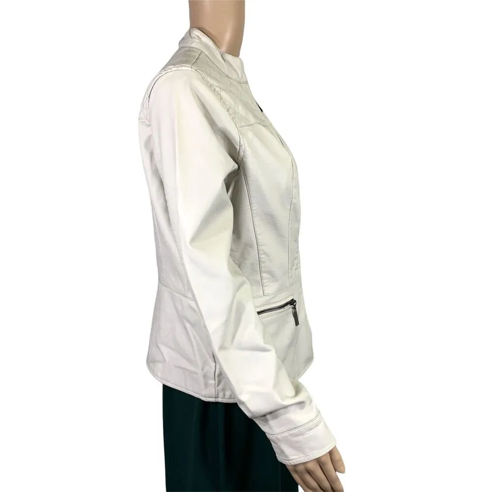 Apt 9 Womens Jacket Coat Faux Leather Quilted Moto Biker Ivory Small - Image 5