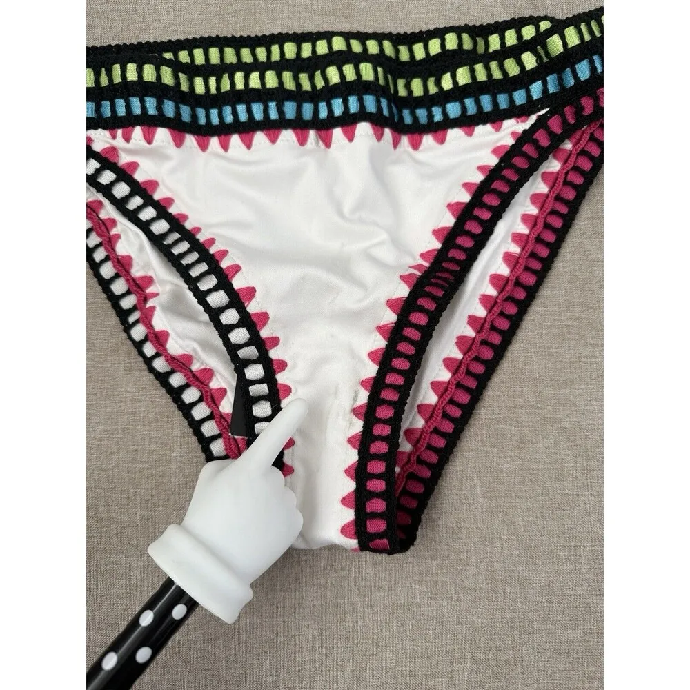 BAR III Women's Bikini Bottom White Pink Border Size Small Crochet trim - Image 8