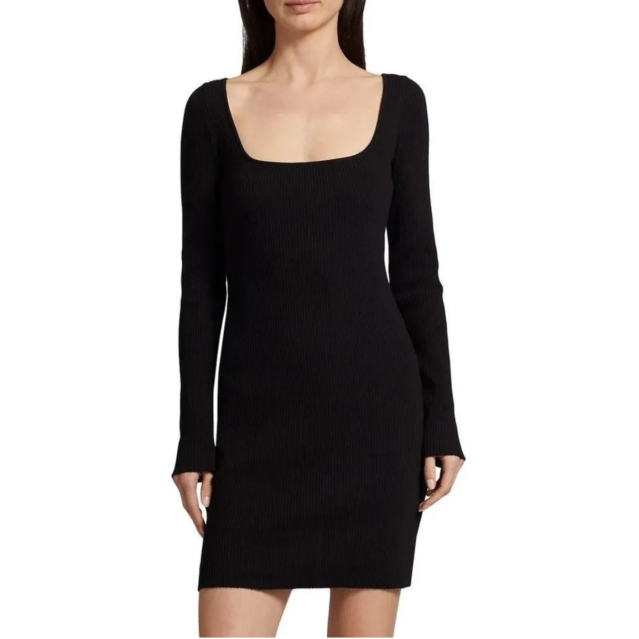 Vince Black Square Neck Knit Dress Long Sleeves Ribbed Mini Dress Size: Medium - Image 2