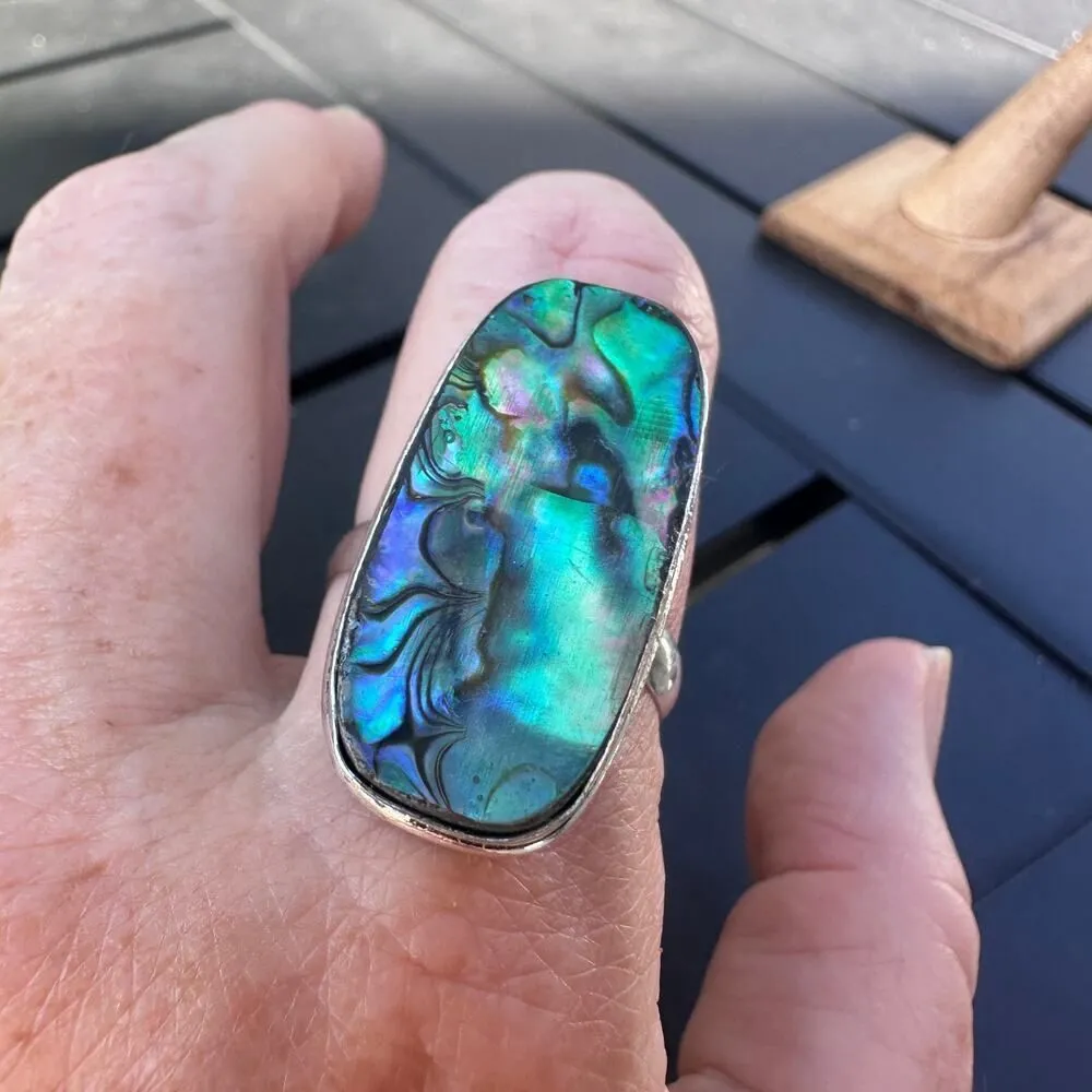 Abalone Shell Sterling Silver Plated Ring – Size 13 Statement Jewelry - Image 4