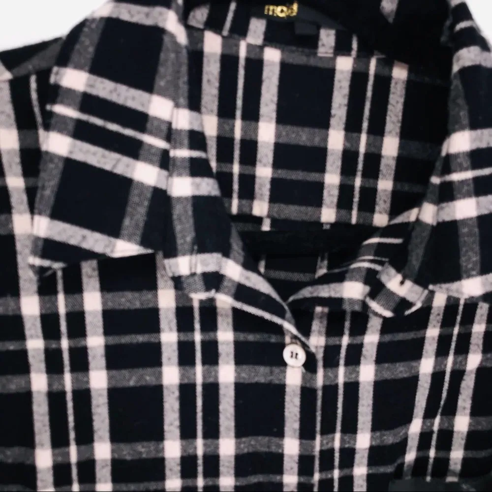 Majé Grunge Leather Trimmed Black & White Plaid Flannel Shirt Size Large 12/14 - Image 8