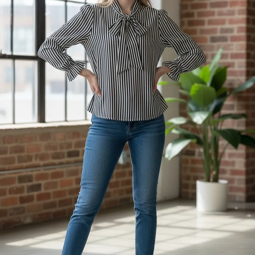 Adrianna Papell Black & White Pinstripe Tie-Neck Blouse | Size M - Image 5