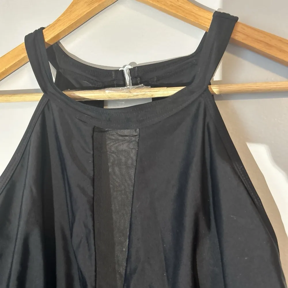 Black High Neck One Piece Sheer Mesh Side Panel Swimsuit Sz 22W Plus Size Stripe - Image 2