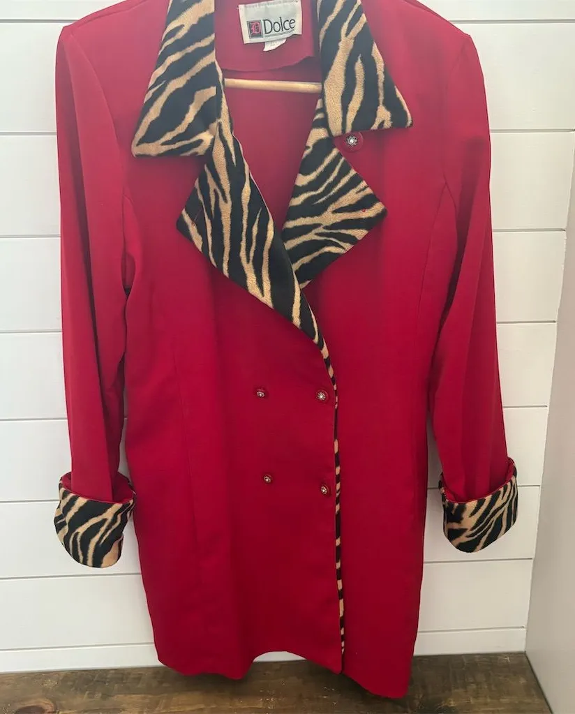 Vintage DOLCE Red Overcoat M Double Breasted Leopard fur Trim Women's Size M - Image 1