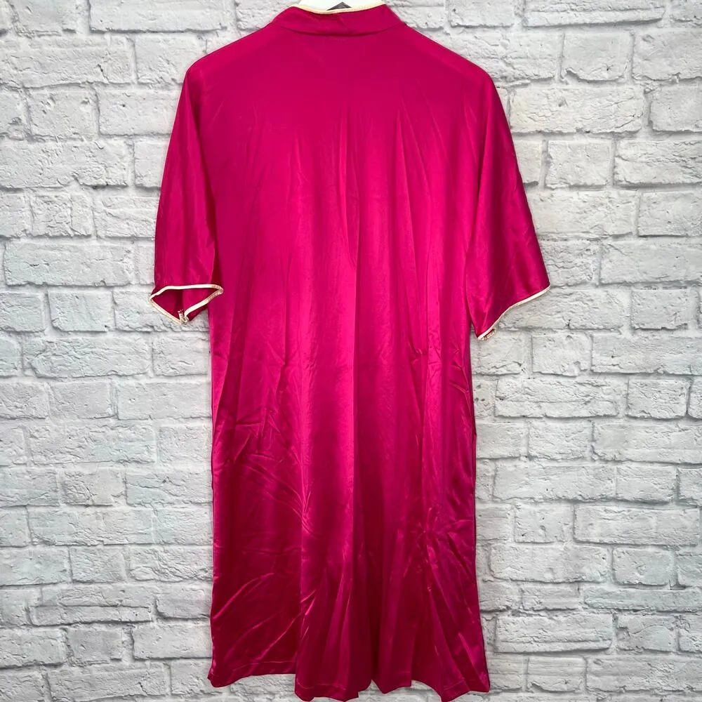 Vintage Vanity Fair Button Robe Fushia Pink Piping Size S Short Sleeve Shiny - Image 7