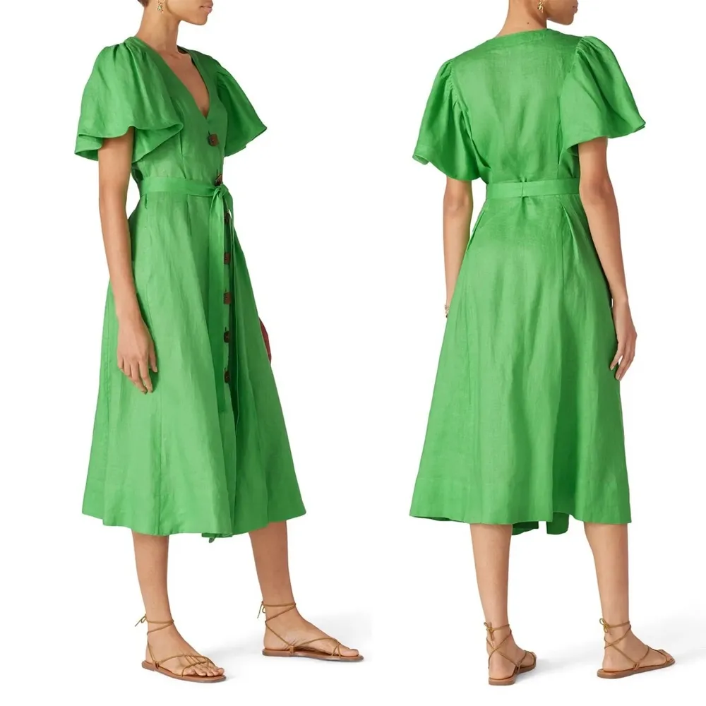NICHOLAS • Troy Dress green linen midi puff sleeve tie waist button front Size 6 - Image 6